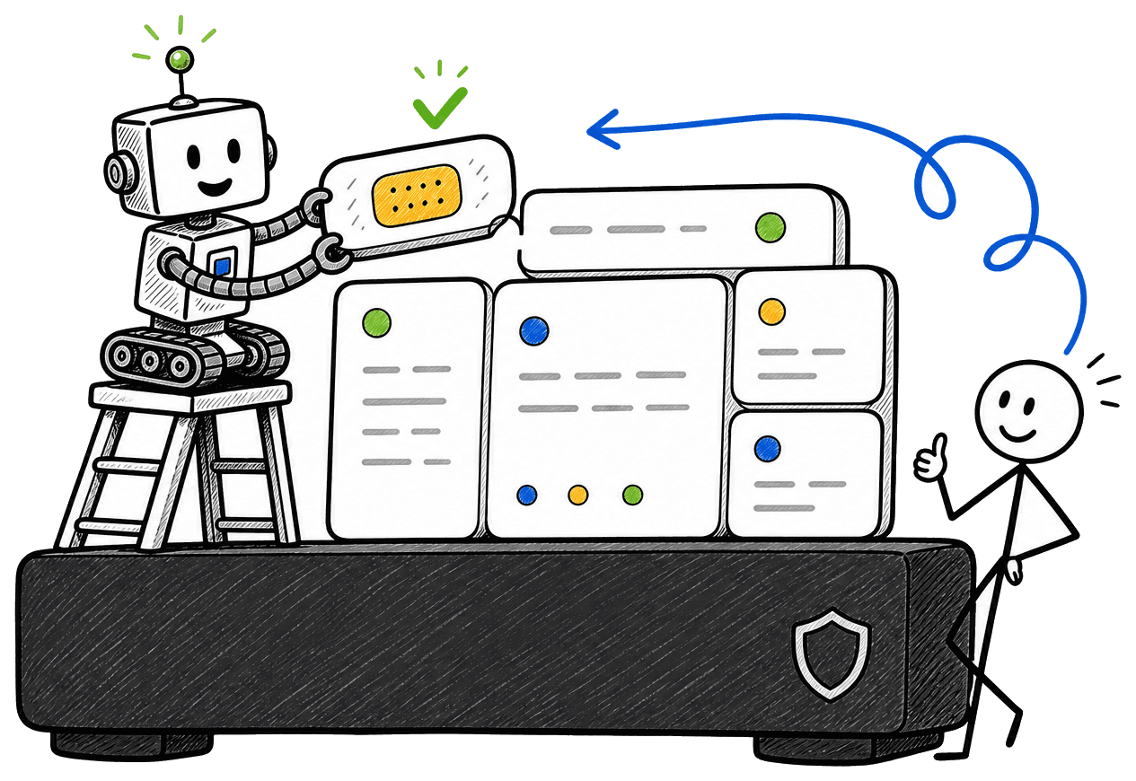 Hand-drawn scene: the Patchy robot on a step-ladder applies a band-aid patch to app panels built on a dark kernel slab marked with a shield, while a person gives a thumbs up.