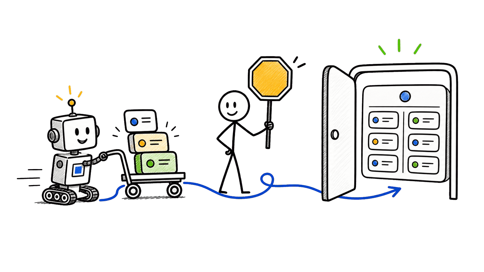Hand-drawn Patchy robot delivering cards past a person holding a stop sign toward an open door.