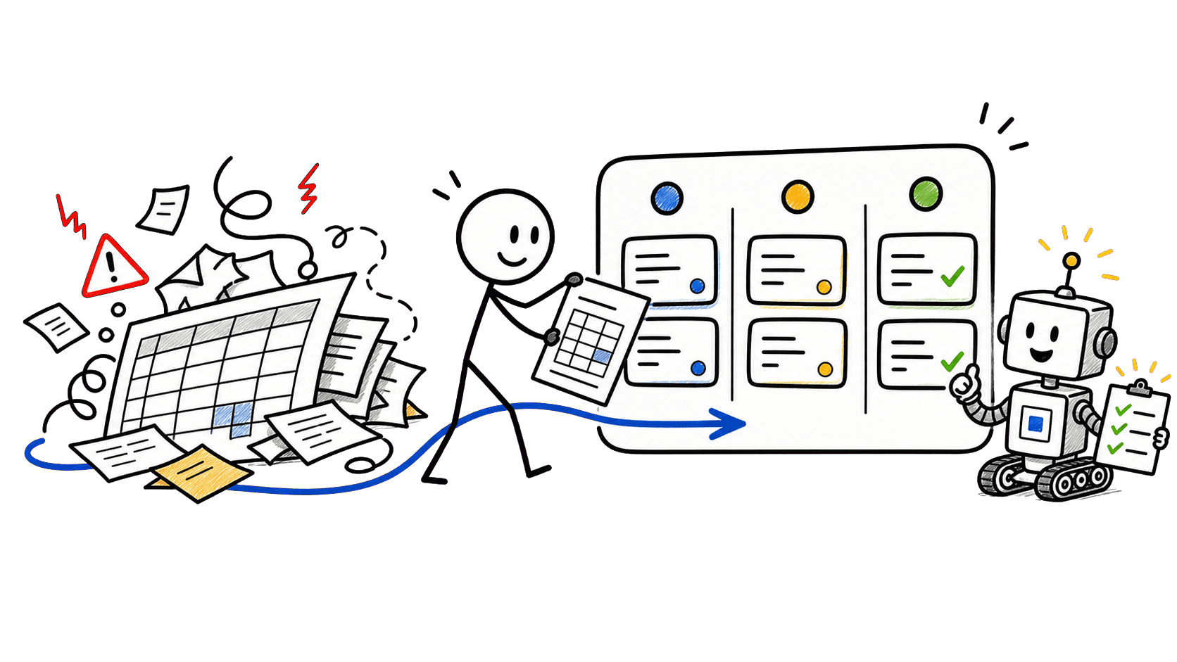 Hand-drawn scene: a person carries a sheet from a pile of chaotic spreadsheets into a tidy board while the Patchy robot gives a thumbs up.