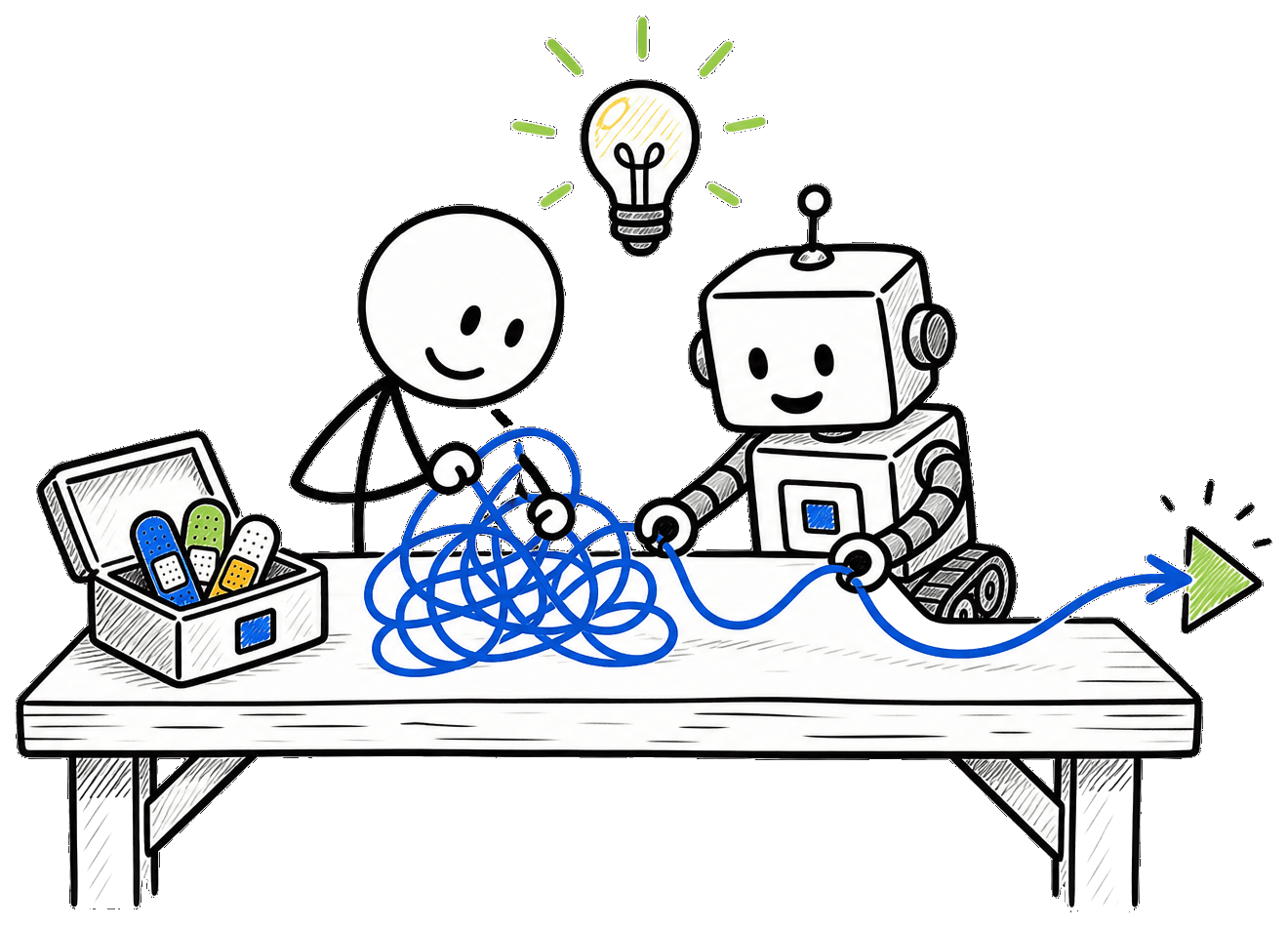 Hand-drawn founder and Patchy robot at a workbench together, untangling a blue squiggle into a straight arrow beside a toolbox of patches.