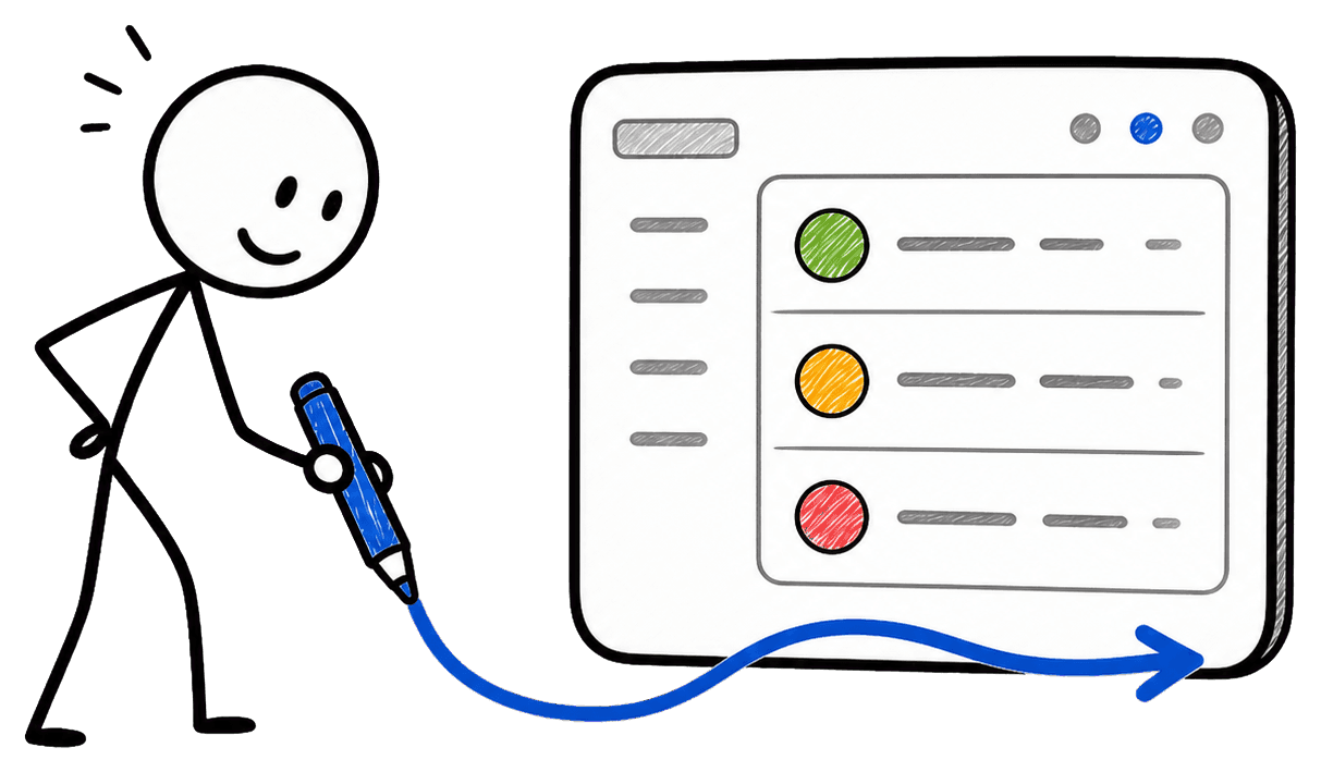 Hand-drawn person drawing a blue workflow line into a CRM card.