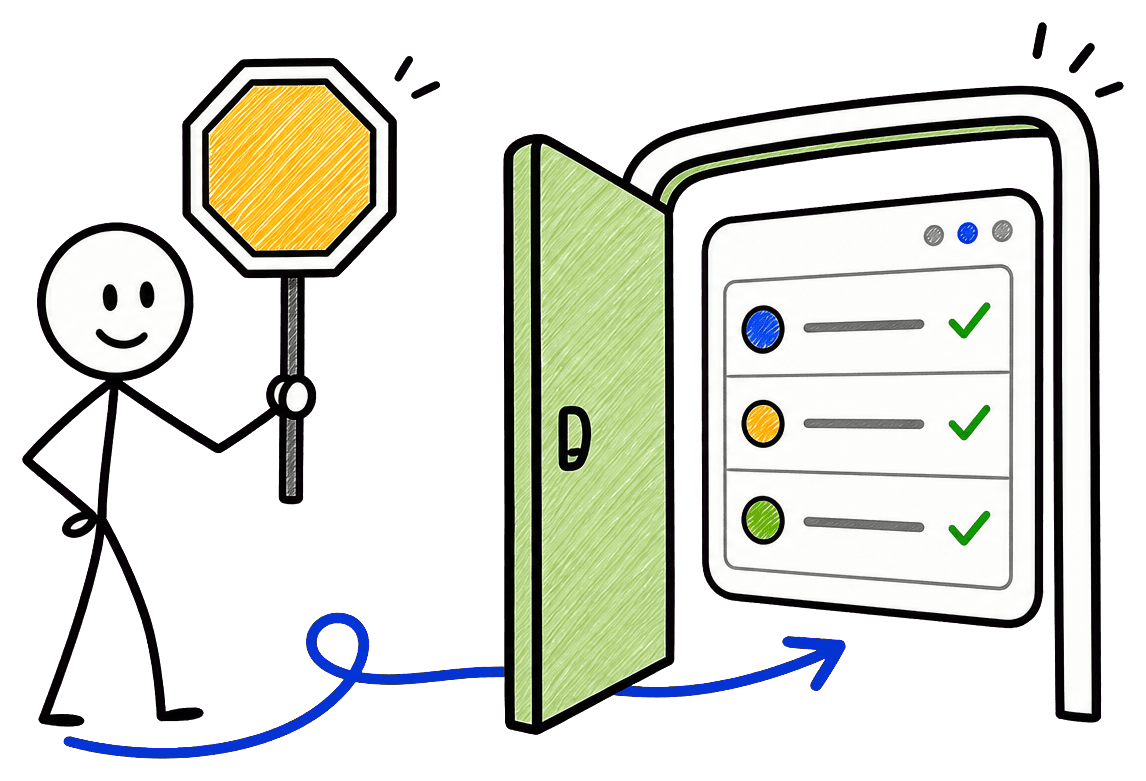 Hand-drawn reviewer holding a blank yellow review sign beside an open CRM door.