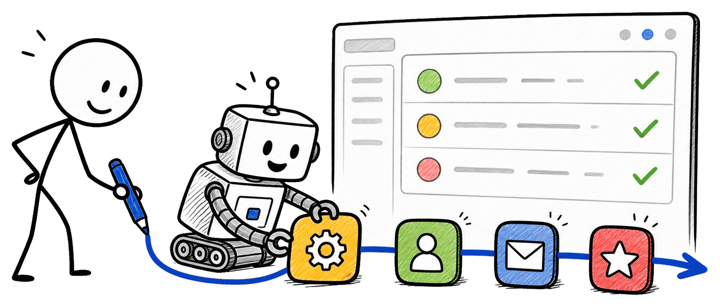 Hand-drawn sales rep and AI helper building CRM workflow blocks together.